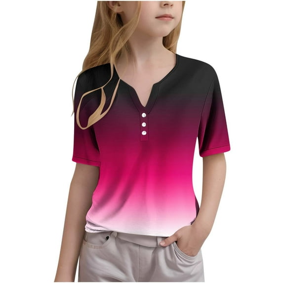 GERsome Girls Short Sleeve T Shirts Casual V Neck Button Up Summer Tops Kids Boys Solid Color Basic Tees Comfy Blouses for Kids 3-14 Years