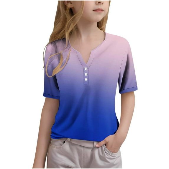 GERsome Girls Short Sleeve T Shirts Casual V Neck Button Up Summer Tops Kids Boys Solid Color Basic Tees Comfy Blouses for Kids 3-14 Years