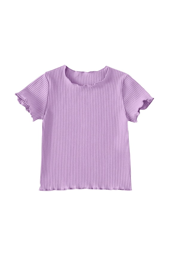 Girls Short Sleeve T-Shirts Summer Cute Ruffle Crew Neck Shirts Toddler Girls Solid Color Basic Tee, Sizes 3-4 Years