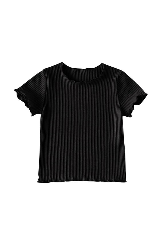 Girls Short Sleeve T-Shirts Summer Cute Ruffle Crew Neck Shirts Toddler Girls Solid Color Basic Tee, Sizes 3-4 Years