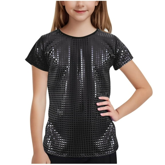 GERsome Girls Sparkle Sequin Tops Short Sleeve Round Neck T-Shirts Shimmer Glitter Blouse Kids Girl's Dance Club Party Outfits, Sizes 11-17 Years