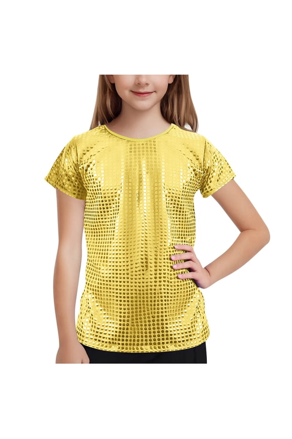 Girls Sparkle Sequin Tops Short Sleeve Round Neck T-Shirts Shimmer Glitter Blouse Kids Girl's Dance Club Party Outfits, Sizes 11-17 Years