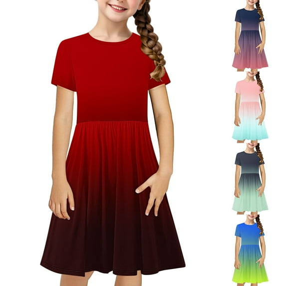 GERsome Girls Summer Crewneck Dresses Casual T-shirt Sundress Short Sleeve Beach Dress Size 4-14 Years Solid Color/Gradient