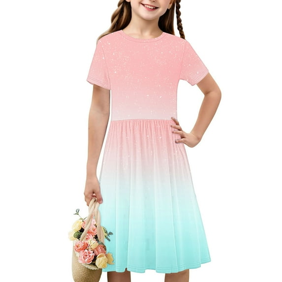 GERsome Girls Summer Crewneck Dresses Casual T-shirt Sundress Short Sleeve Beach Dress Size 4-14 Years Solid Color/Gradient