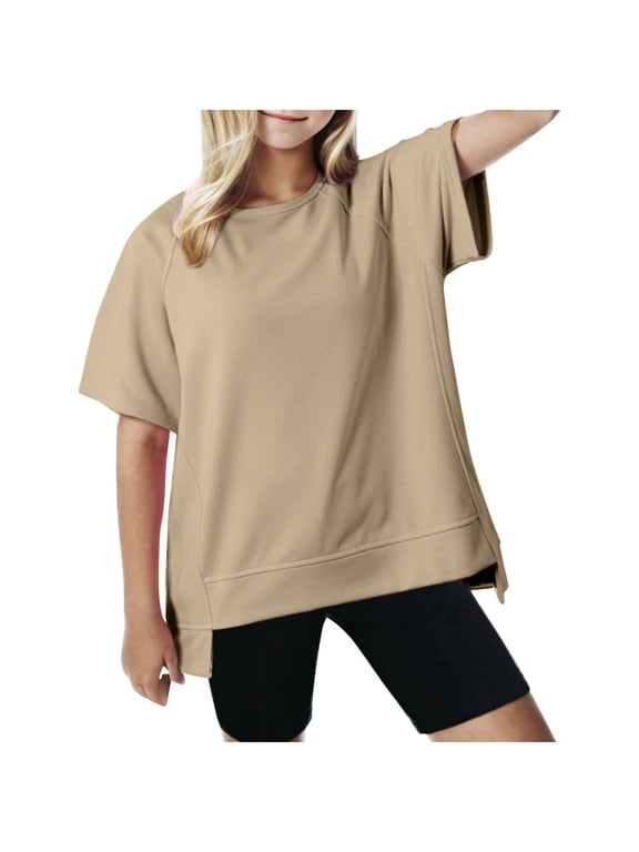 Girls Summer Cute T Shirts Casual Short Sleeve Crewneck Solid Color Tunic Tops Oversized T Shirts for Kids Lightweight Loose High Low Hem Blouse 3-12 Years