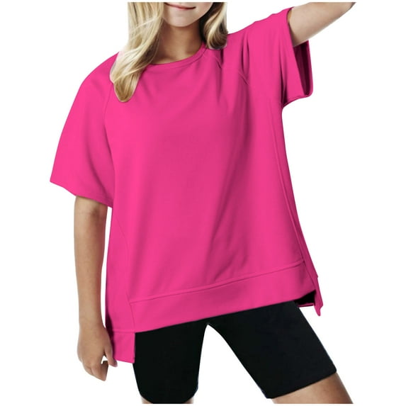 GERsome Girls Summer Cute T Shirts Casual Short Sleeve Crewneck Solid Color Tunic Tops Oversized T Shirts for Kids Lightweight Loose High Low Hem Blouse 3-12 Years