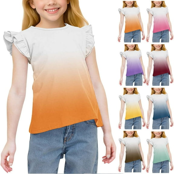 GERsome Girls Summer T-Shirts Cute Ruffle Short Sleeve Crew Neck Loose Blouse Summer Gradient Casual Toddler Girls Tee Tops for 3-15 Years