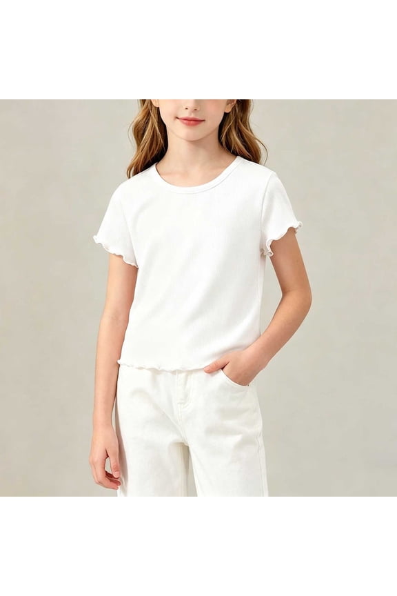 Girls T-Shirts Cute Ruffle Short Sleeve Summer Crew Neck Shirts Toddler Girls Solid Color Basic Tee White Size 3-4 Years