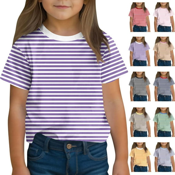 GERsome Girls T-Shirts Summer Short Sleeve Crew Neck Striped Tops Tee Kids Girls Cute Basic Shirts