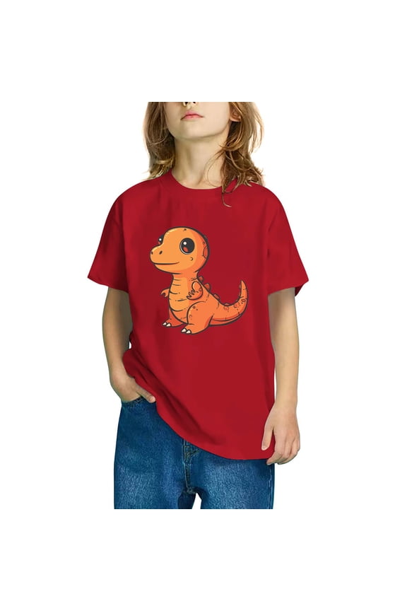 Girls Toddlers Short Sleeve Dinosaur Graphic T Shirts, Cotton Crewneck Unisex Kids Tee Tops, Boys Clothes Outifit Sizes 3-10 Years, Red/9-10 Years