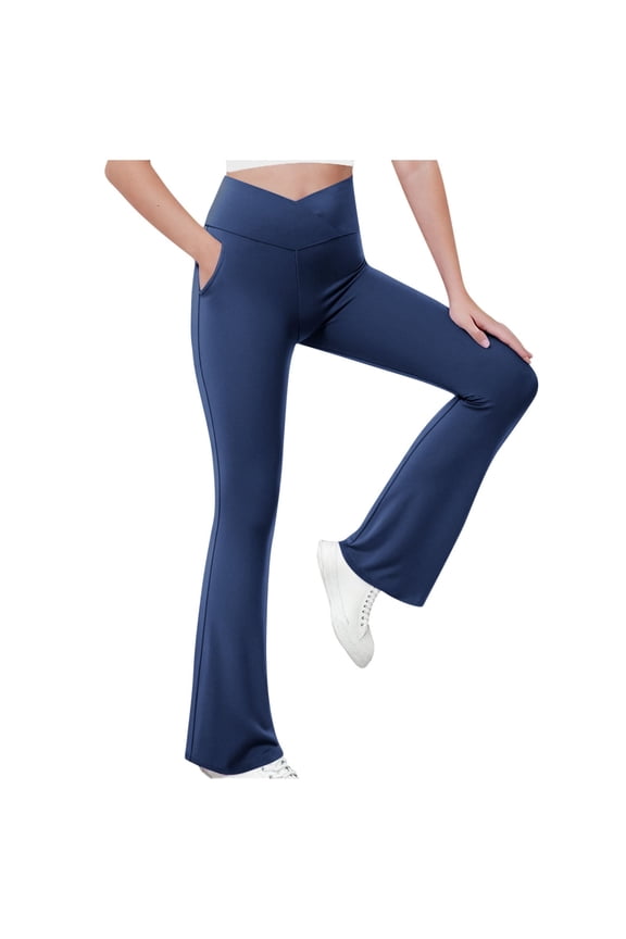 Girls Yoga Flare Pants Solid Color Bell Bottoms Leggings for Kids Teen Girls Workout Running Pants with Pockets 5-15 Years Dark Blue