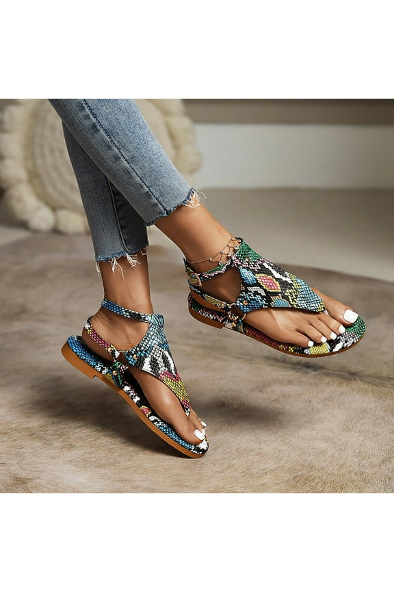 Gladiator Flat Sandal for Women Fashion Snakeskin Print Thong Strap Buckle Clip Toe Studded Roman Shoes Summer Comfortable Casual Beach Shoes