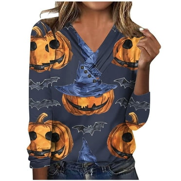 GERsome Halloween Long Sleeve Tunic Tops for Women V-neck Button Blouse Casual Pleated Basic Pullover Halloween Print Casual Comfy Blouses Size S