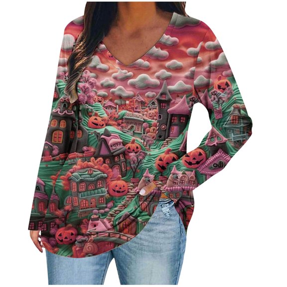 GERsome Halloween Plus Size Tops for Women Long Sleeve Shirts Casual Halloween Clothes V Neck Tunics for Leggings Size L