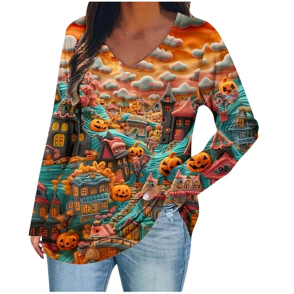 GERsome Halloween Plus Size Tops for Women Long Sleeve Shirts Casual Halloween Clothes V Neck Tunics for Leggings Size XXXL