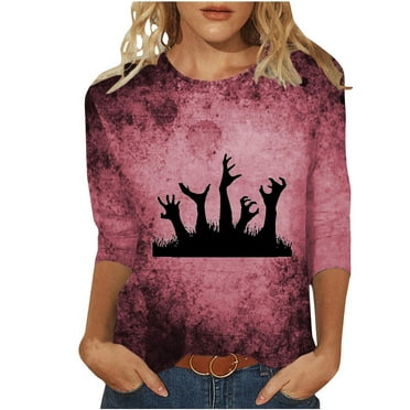 GERsome Halloween Shirt for Women 3/4 Length Sleeve Halloween Graphic Plus Size Tops Round Neck Loose Fit T Shirts Trendy Workout Fall Tee Shirt Blouse Size XXL