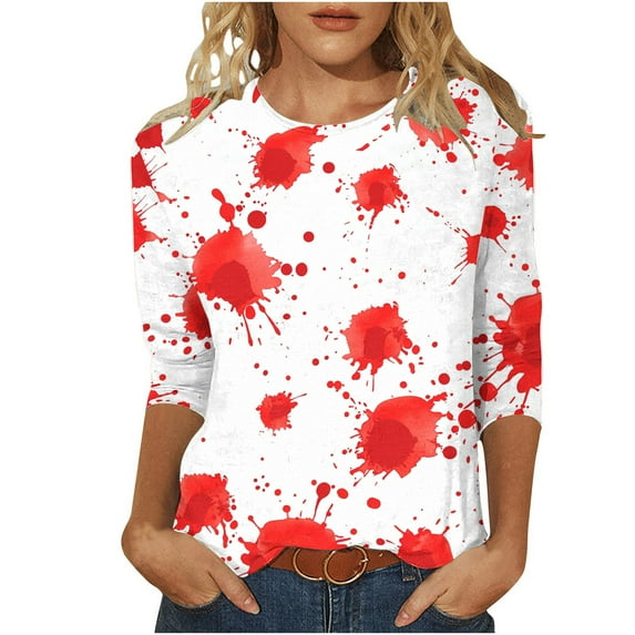 GERsome Halloween Theme Round Neck T-shirts Loose 3/4 Sleeves Funny Graphic Tshirts Halloween Party Shirts Size XL