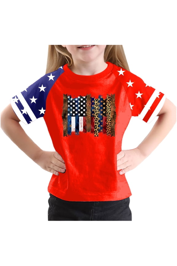 Kids 4th of July Patriotic T-Shirts Boys Girls American Flag Short Sleeve Crewneck Tops USA Flag Stars Stripes Graphic Tee, 13-14 Years