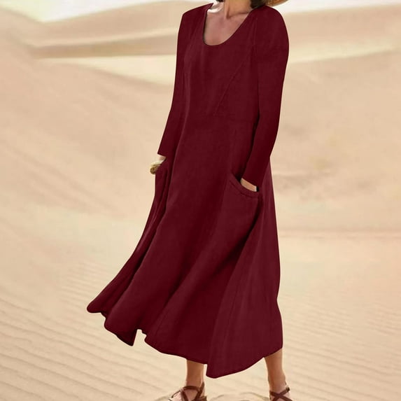 GERsome Linen Dress For Women Elegant fall Boho Casual Beach Dress Loose Solid Color Cotton Linen Flowy Maxi Dress