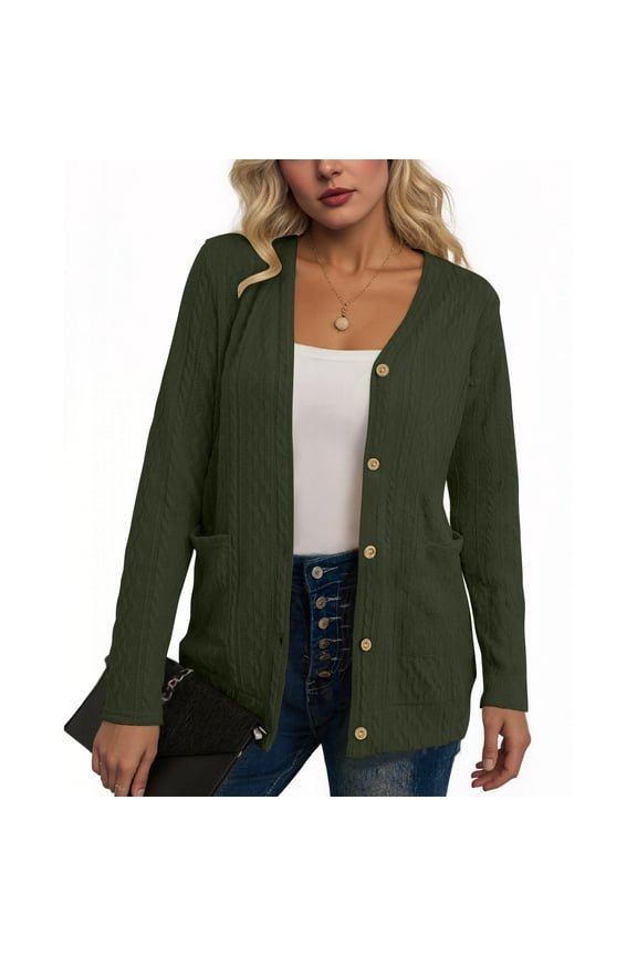Long Sleeve Cardigan for Women Soft Basic Knit Cardigan Solid Color Open Front Button Down Lightweight Casual Sweater with Pockets Fall Outwear Army Green S-2XL