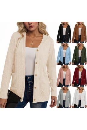 Long Sleeve Cardigan for Women Soft Basic Knit Cardigan Solid Color Open Front Button Down Lightweight Casual Sweater with Pockets Fall Outwear Beige S-2XL