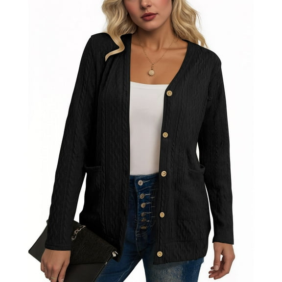 GERsome Long Sleeve Cardigan for Women Soft Basic Knit Cardigan Solid Color Open Front Button Down Lightweight Casual Sweater with Pockets Fall Outwear Black S-2XL