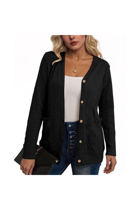 Long Sleeve Cardigan for Women Soft Basic Knit Cardigan Solid Color Open Front Button Down Lightweight Casual Sweater with Pockets Fall Outwear Black S-2XL
