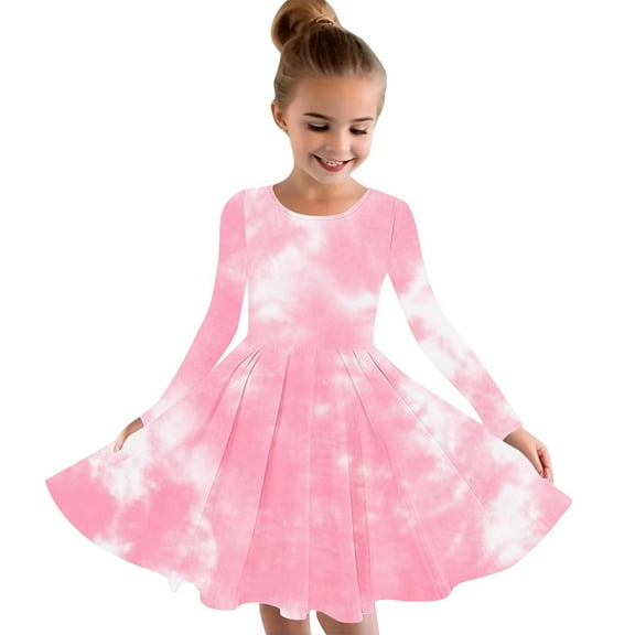 GERsome Long Sleeve Dress for Kids Girls A Line Swing Tie-Dye Skater Twirl Party Dresses 4-14 Years