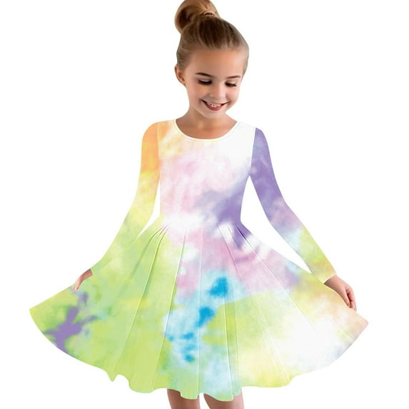 GERsome Long Sleeve Dress for Kids Girls A Line Swing Tie-Dye Skater Twirl Party Dresses 4-14 Years