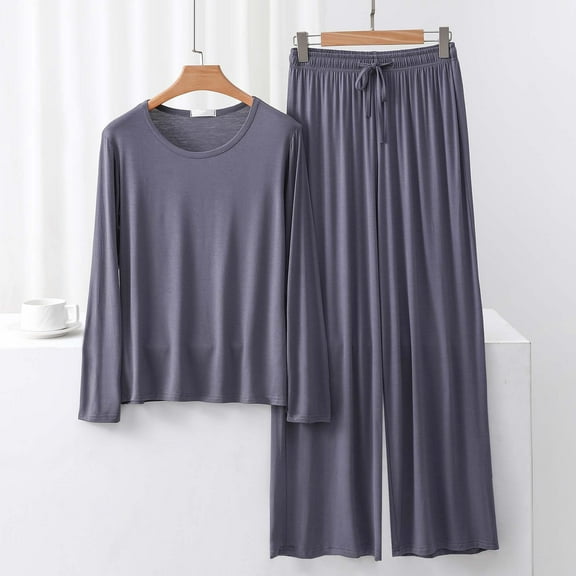 GERsome Lounge Sets for Women Solid Color Sleepwear Sets Crewneck Long Sleeve Tops Wide Leg Pants Vacation Travel Outfits M-XXL