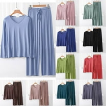 GERsome Lounge Sets for Women Solid Color Sleepwear Sets V-Neck Long Sleeve Tops Wide Leg Pants Vacation Travel Outfits M-XXL