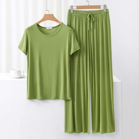 GERsome Lounge Sets for Women Summer Sleepwear Sets Crew Neck Short Sleeve Tops Wide Leg Pants Vacation Travel Outfits M-XXL