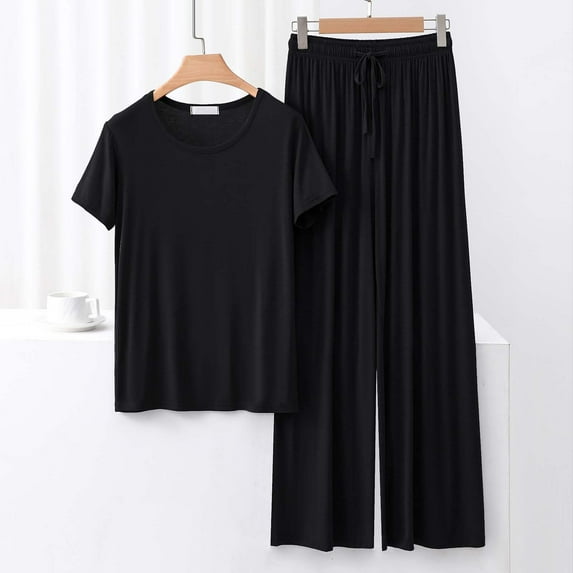 GERsome Lounge Sets for Women Summer Sleepwear Sets Crew Neck Short Sleeve Tops Wide Leg Pants Vacation Travel Outfits M-XXL