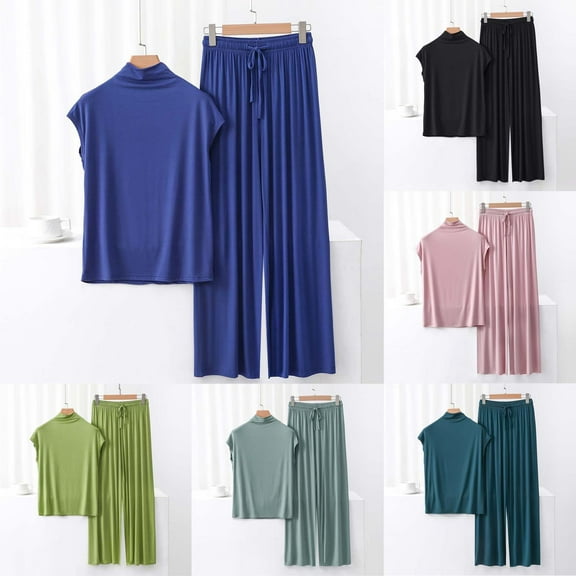 GERsome Lounge Sets for Women Summer Sleepwear Sets Mock Neck Sleeveless Tops Wide Leg Pants Vacation Travel Outfits M-XXL