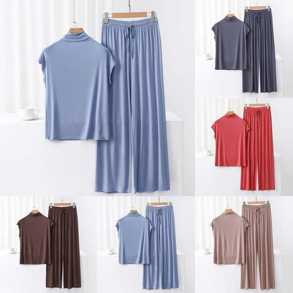 GERsome Lounge Sets for Women Summer Sleepwear Sets Mock Neck Sleeveless Tops Wide Leg Pants Vacation Travel Outfits M-XXL