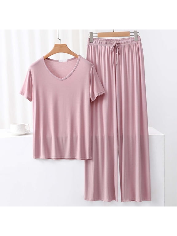 Lounge Sets for Women Summer Sleepwear Sets V-Neck Short Sleeve Tops Wide Leg Pants Vacation Travel Outfits M-XXL