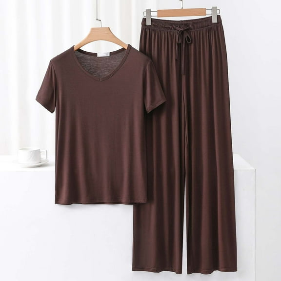 GERsome Lounge Sets for Women Summer Sleepwear Sets V-Neck Short Sleeve Tops Wide Leg Pants Vacation Travel Outfits M-XXL