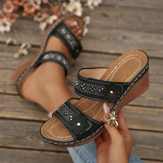 GERsome Low Wedge Sandals for Women Open Toe Slip-On Beach Sandals Summer Comfort Walking Travel Shoes, Size 9.5