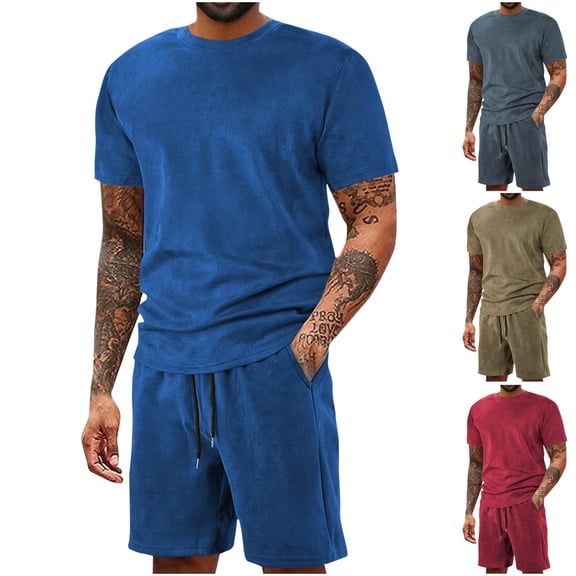 GERsome Men's 2 Piece Lounge Sets Short Sleeve Crewneck Shirts and Drawstring Shorts Summer Solid Color Casual Vacation Tracksuits S-3XL