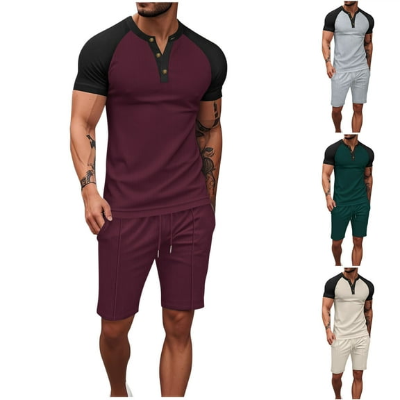 GERsome Men's 2 Piece Outfits Color Block V Neck Short Sleeve Tops and Shorts Lounge Sets S-3XL