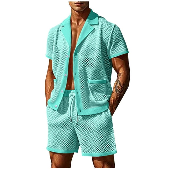 GERsome Men's 2 Piece Outfits Mesh Short Sleeve Solid Color Button Down Shirts and Shorts Set with Pockets S-3XL