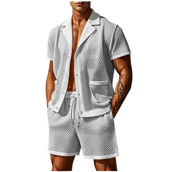 GERsome Men's 2 Piece Outfits Mesh Short Sleeve Solid Color Button Down Shirts and Shorts Set with Pockets S-3XL