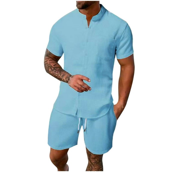 GERsome Men's 2 Piece Outfits Short Sleeve Casual Solid Color Button Down Shirts and Shorts Set S-3XL