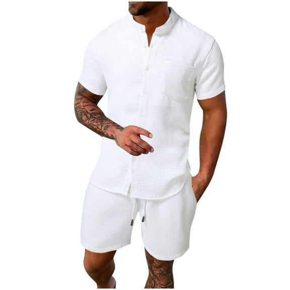 GERsome Men's 2 Piece Outfits Short Sleeve Casual Solid Color Button Down Shirts and Shorts Set S-3XL