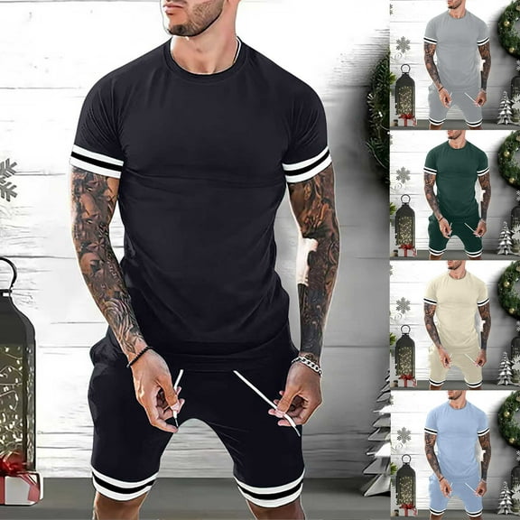 GERsome Men's 2 Piece Outfits Short Sleeve Crewneck Tops and Shorts Loungewear Color Block Summer Lounge Sets S-3XL