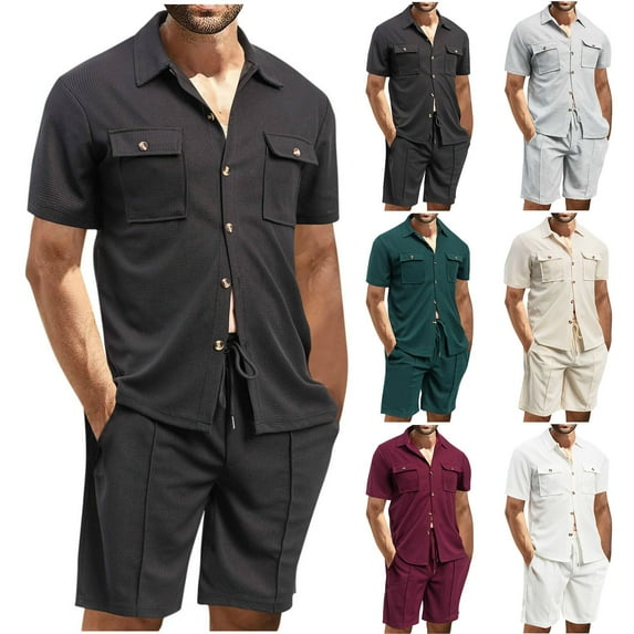 GERsome Men's 2 Piece Outfits Summer Short Sleeve Button Down Shirts and Shorts Sets with Pockets Solid Color Vacation Lounge Set S-3XL