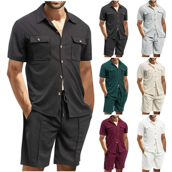 GERsome Men's 2 Piece Outfits Summer Short Sleeve Button Down Shirts and Shorts Sets with Pockets Solid Color Vacation Lounge Set S-3XL