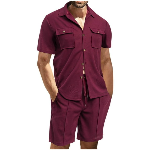 GERsome Men's 2 Piece Outfits Summer Short Sleeve Button Down Shirts and Shorts Sets with Pockets Solid Color Vacation Lounge Set S-3XL