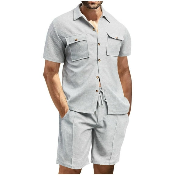 GERsome Men's 2 Piece Outfits Summer Short Sleeve Button Down Shirts and Shorts Sets with Pockets Solid Color Vacation Lounge Set S-3XL