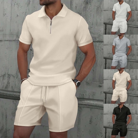 GERsome Men's 2 Pieces Outfits Quarter Zip Short Sleeve Shirts and Drawstring Shorts Set Summer Solid Color Athletic Tracksuits S-3XL